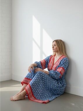 J. Crew Blue and Red Patterned Midi Dress